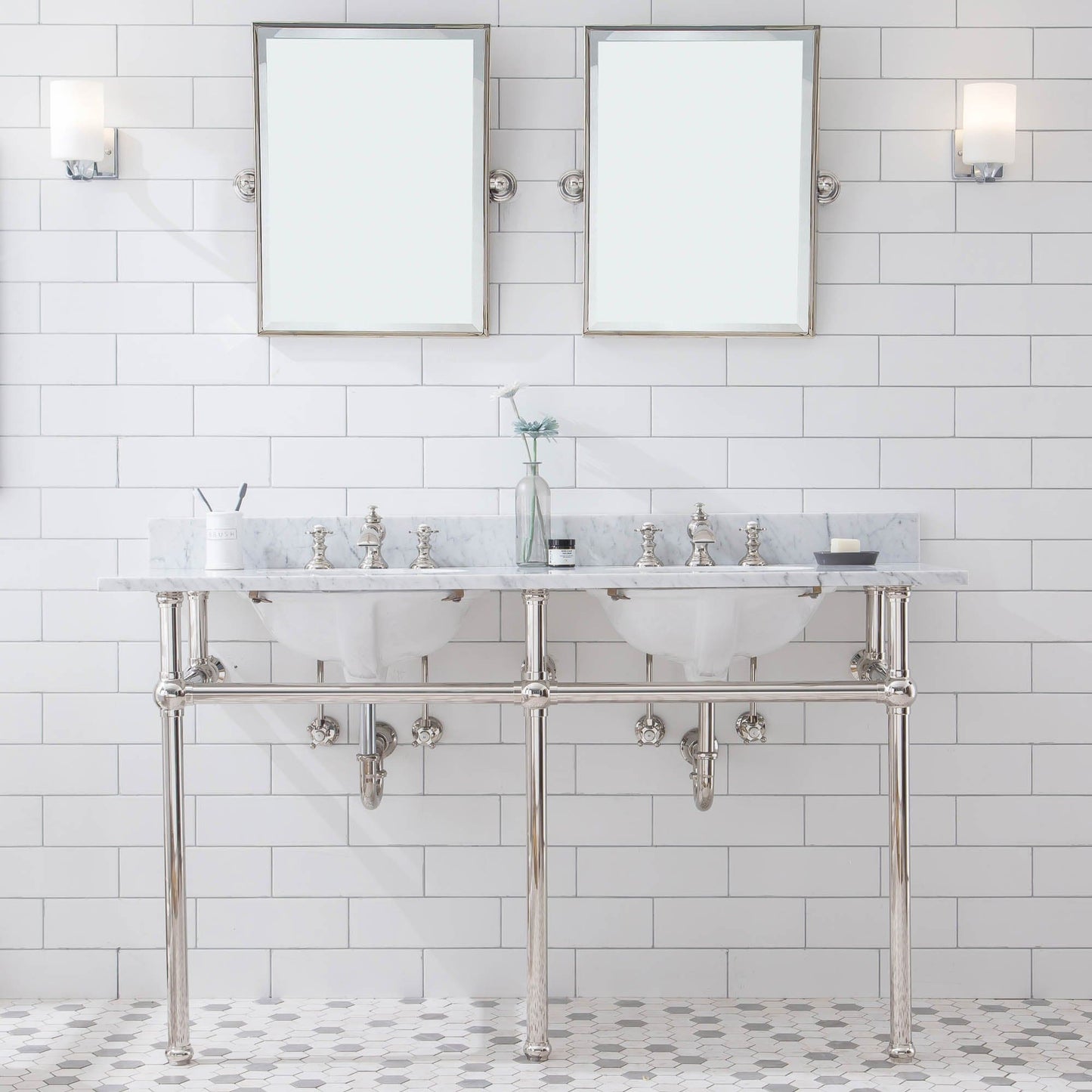 Water Creation EB60E-0513 EMBASSY 60"W x 34"H Double Washstand , P-Trap, Countertop with Sink, F2-0013 Faucet and Mirror included, in Polished Nickel Finish
