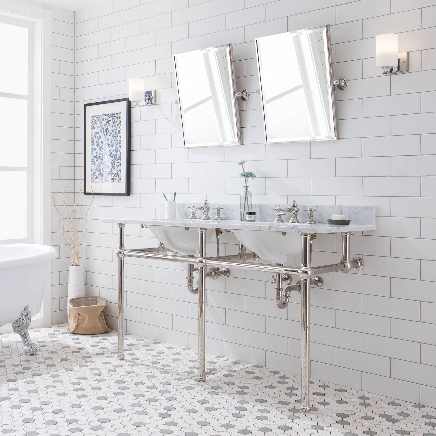 Water Creation EB60E-0513 EMBASSY 60"W x 34"H Double Washstand , P-Trap, Countertop with Sink, F2-0013 Faucet and Mirror included, in Polished Nickel Finish