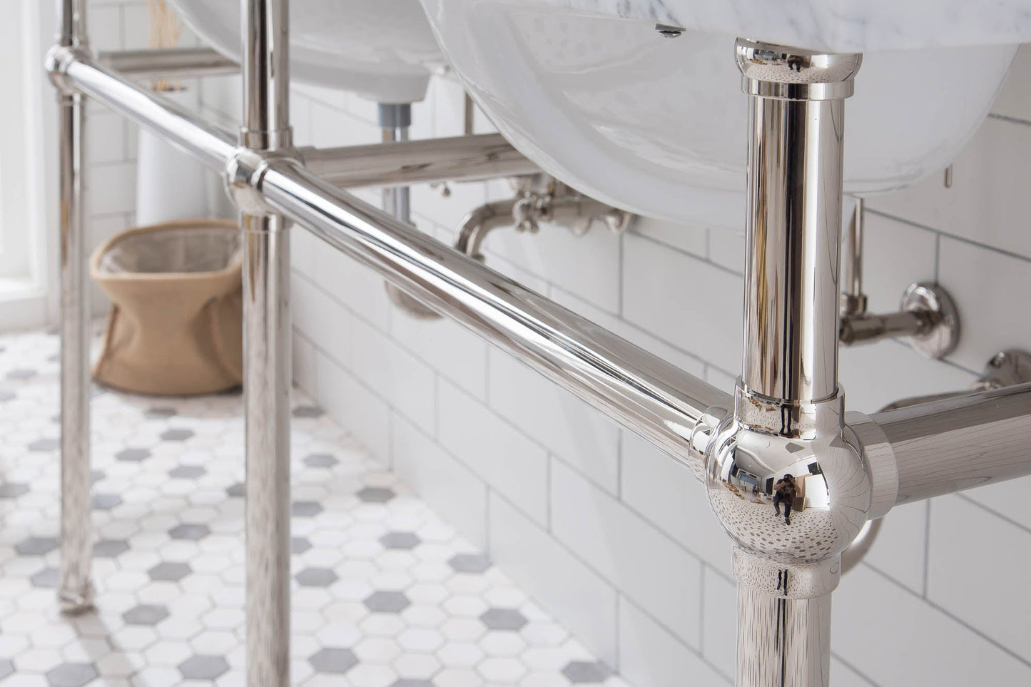 Water Creation EB60E-0513 EMBASSY 60"W x 34"H Double Washstand , P-Trap, Countertop with Sink, F2-0013 Faucet and Mirror included, in Polished Nickel Finish