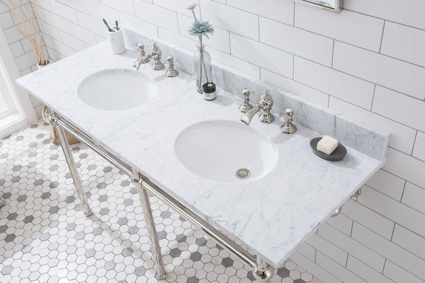 Water Creation EB60E-0513 EMBASSY 60"W x 34"H Double Washstand , P-Trap, Countertop with Sink, F2-0013 Faucet and Mirror included, in Polished Nickel Finish