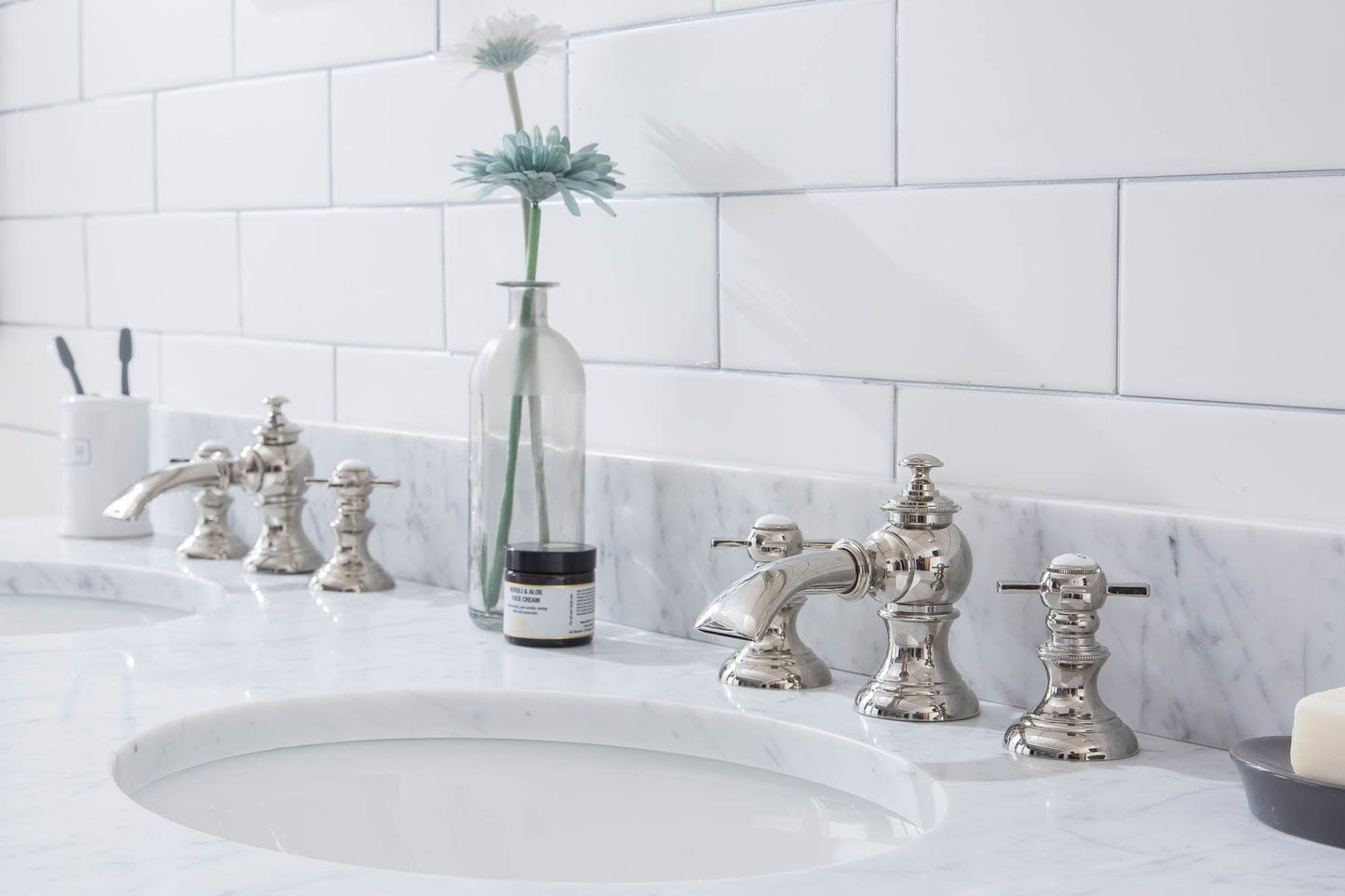 Water Creation EB60E-0513 EMBASSY 60"W x 34"H Double Washstand , P-Trap, Countertop with Sink, F2-0013 Faucet and Mirror included, in Polished Nickel Finish