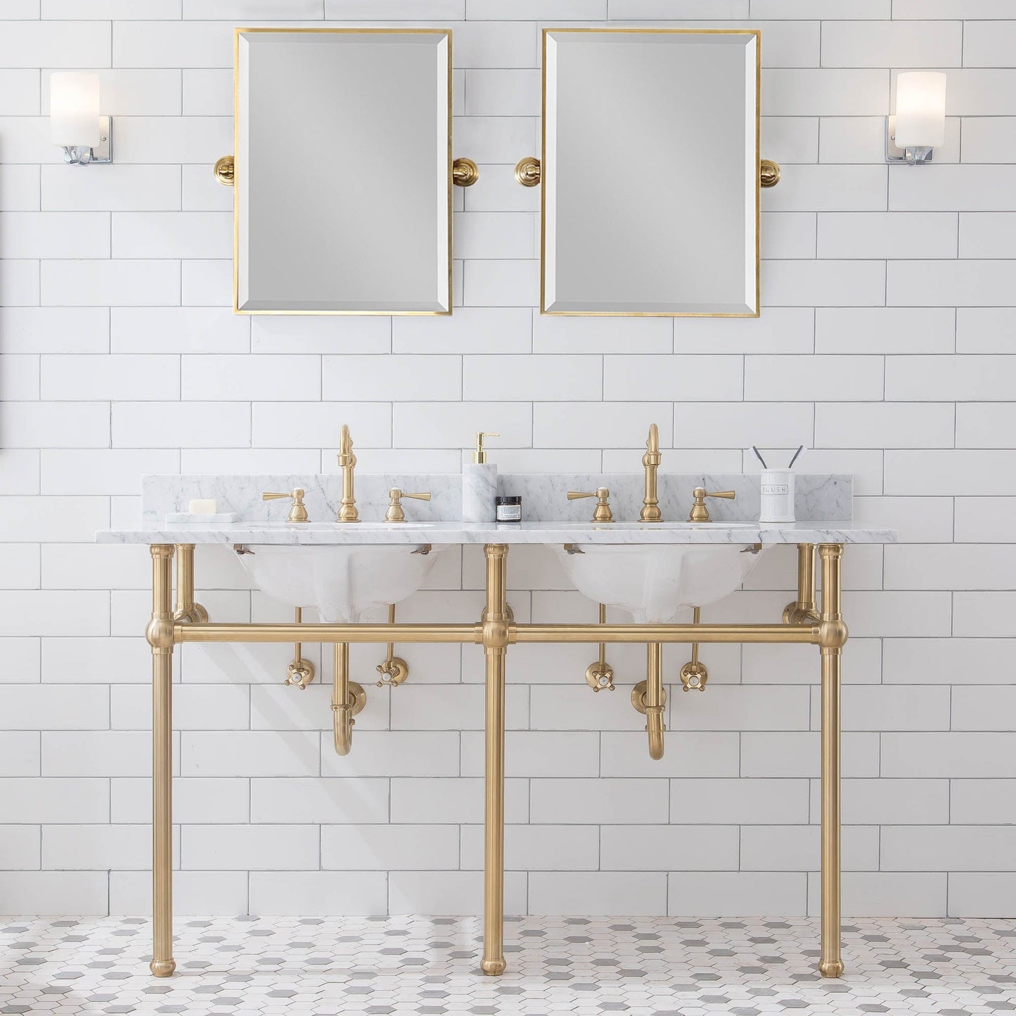 Water Creation EB60E-0612 EMBASSY 60"W x 34"H Double Washstand , P-Trap, Countertop with Sink, F2-0012 Faucet and Mirror included, in Satin Gold Finish