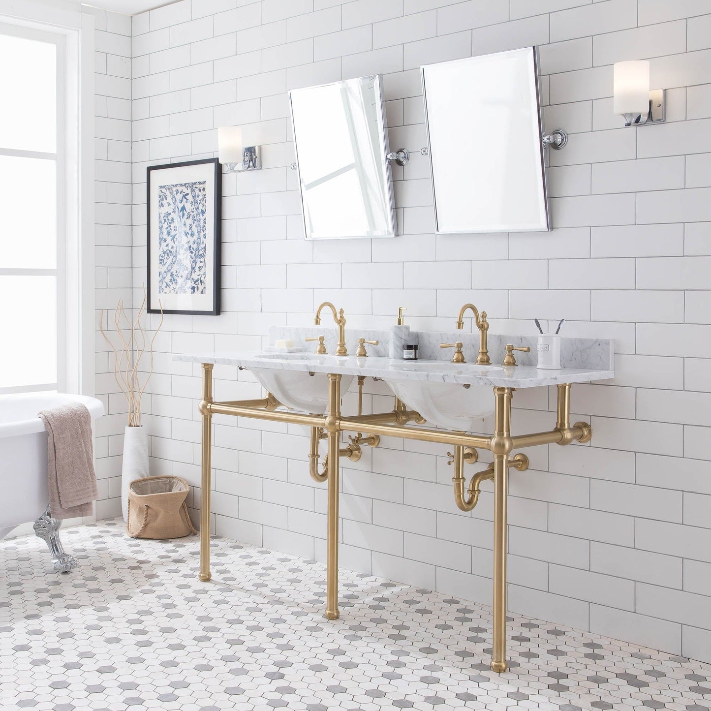 Water Creation EB60E-0612 EMBASSY 60"W x 34"H Double Washstand , P-Trap, Countertop with Sink, F2-0012 Faucet and Mirror included, in Satin Gold Finish