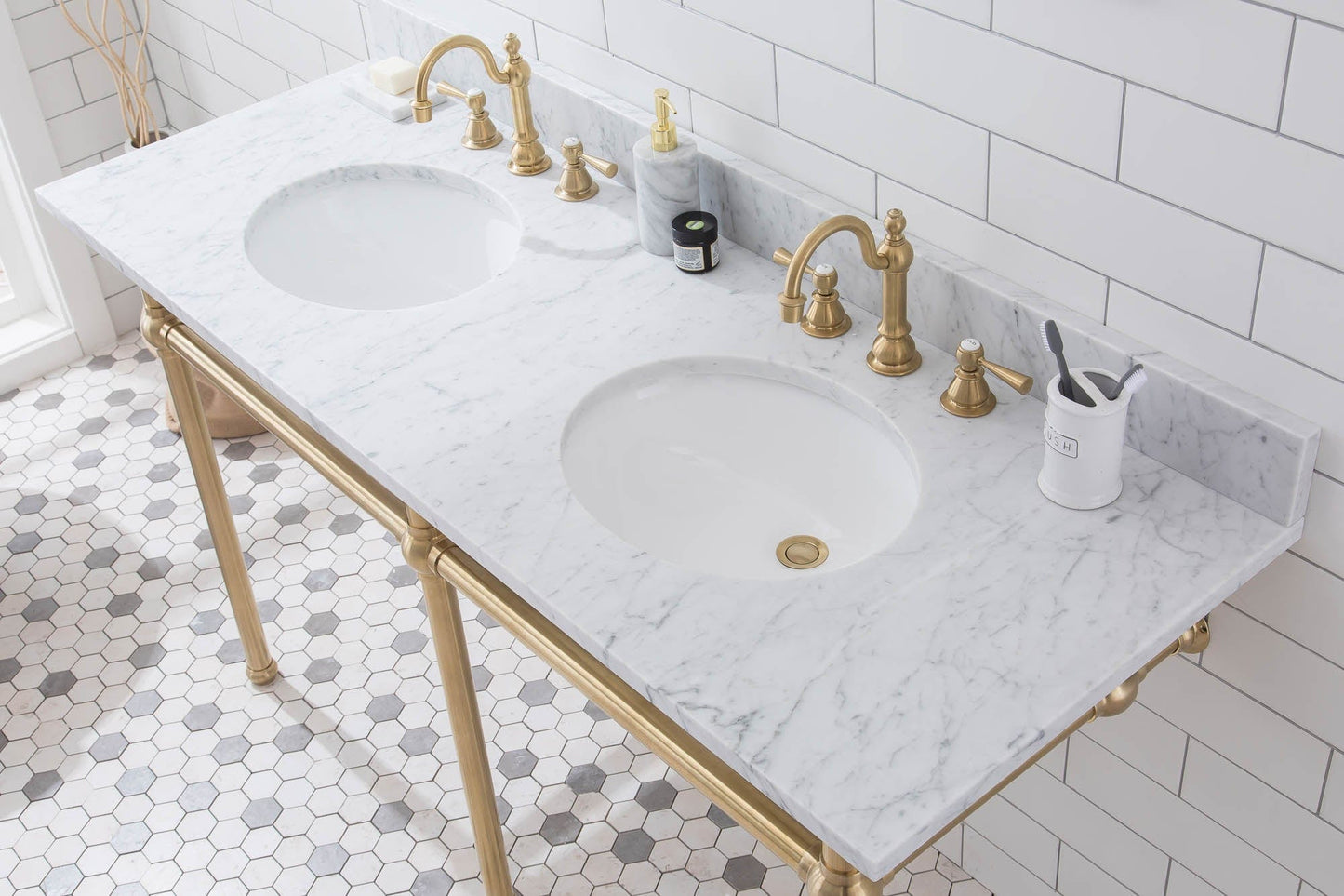 Water Creation EB60E-0612 EMBASSY 60"W x 34"H Double Washstand , P-Trap, Countertop with Sink, F2-0012 Faucet and Mirror included, in Satin Gold Finish
