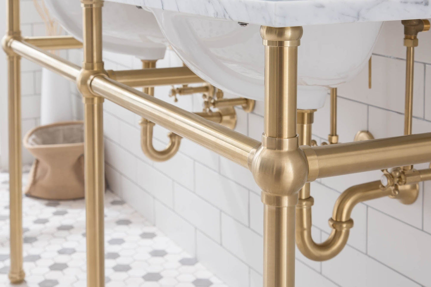 Water Creation EB60E-0612 EMBASSY 60"W x 34"H Double Washstand , P-Trap, Countertop with Sink, F2-0012 Faucet and Mirror included, in Satin Gold Finish