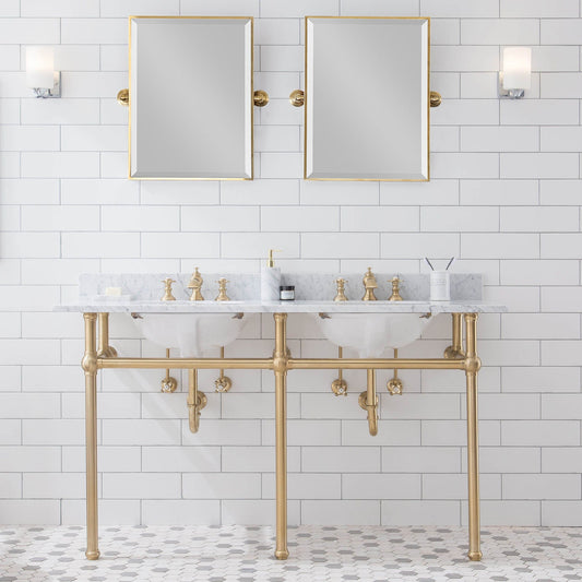Water Creation EB60E-0613 EMBASSY 60"W x 34"H Double Washstand , P-Trap, Countertop with Sink, F2-0013 Faucet and Mirror included, in Satin Gold Finish