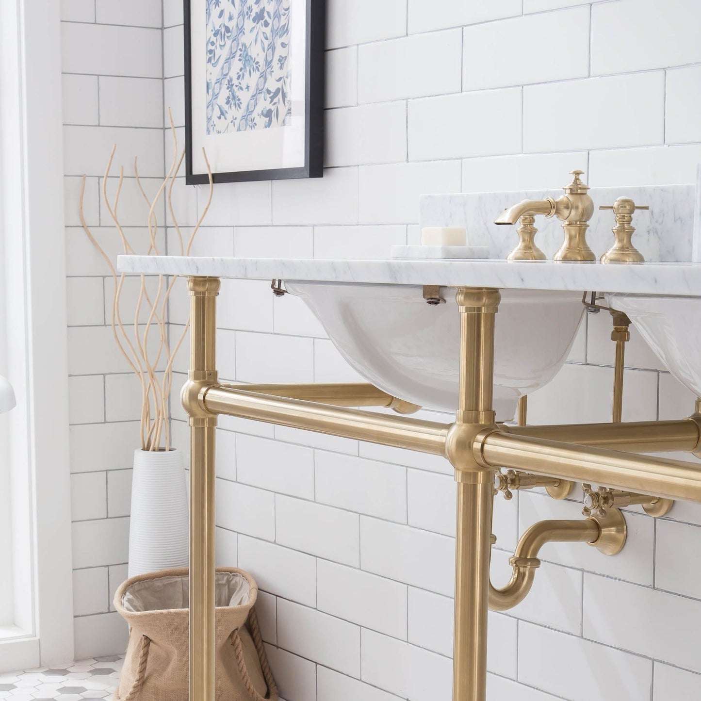 Water Creation EB60E-0613 EMBASSY 60"W x 34"H Double Washstand , P-Trap, Countertop with Sink, F2-0013 Faucet and Mirror included, in Satin Gold Finish