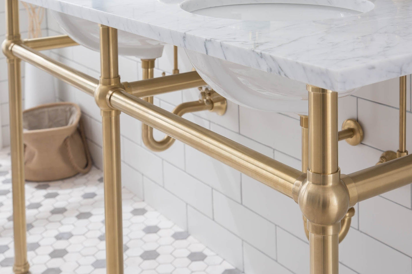Water Creation EB60E-0613 EMBASSY 60"W x 34"H Double Washstand , P-Trap, Countertop with Sink, F2-0013 Faucet and Mirror included, in Satin Gold Finish