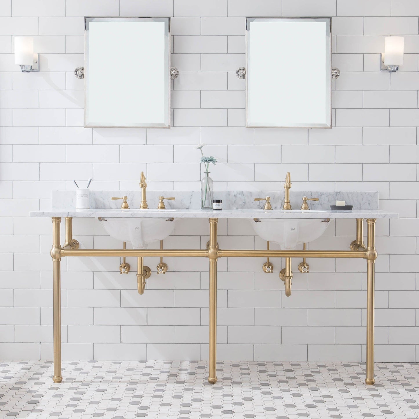 Water Creation EB72C-0600 EMBASSY 72"W x 34"H Double Washstand , P-Trap, and Countertop with Sink included, in Satin Gold Finish