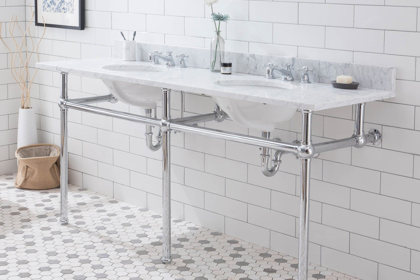 Water Creation EB72D-0109 EMBASSY 72"W x 34"H Double Washstand , P-Trap, Countertop with Sink, and F2-0009 Faucet included, in Chrome Finish