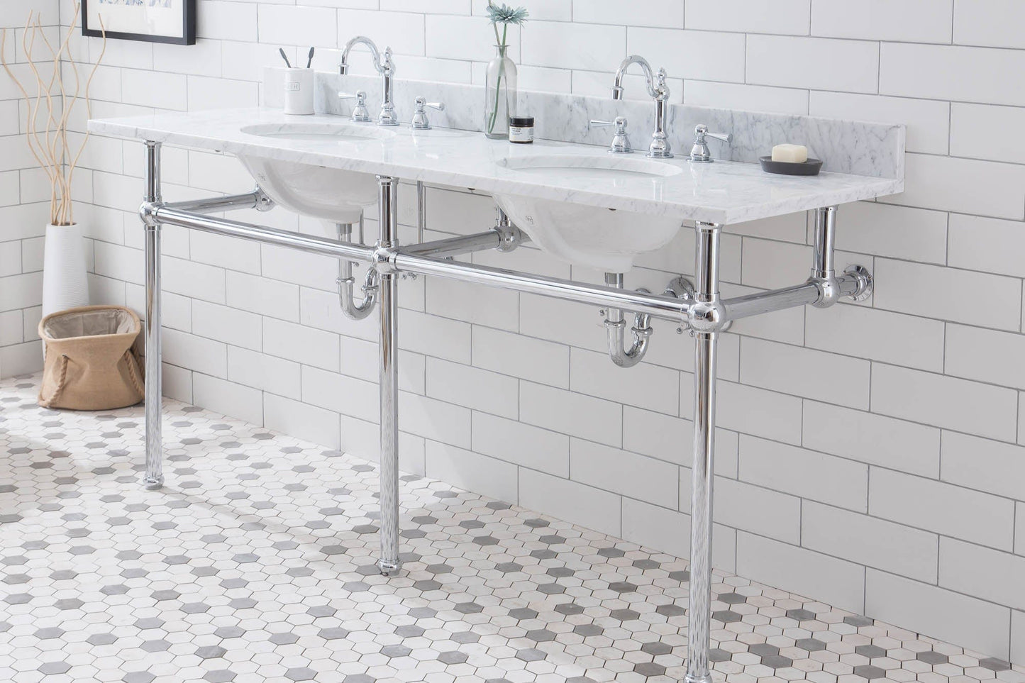 Water Creation EB72D-0112 EMBASSY 72"W x 34"H Double Washstand , P-Trap, Countertop with Sink, and F2-0012 Faucet included, in Chrome Finish