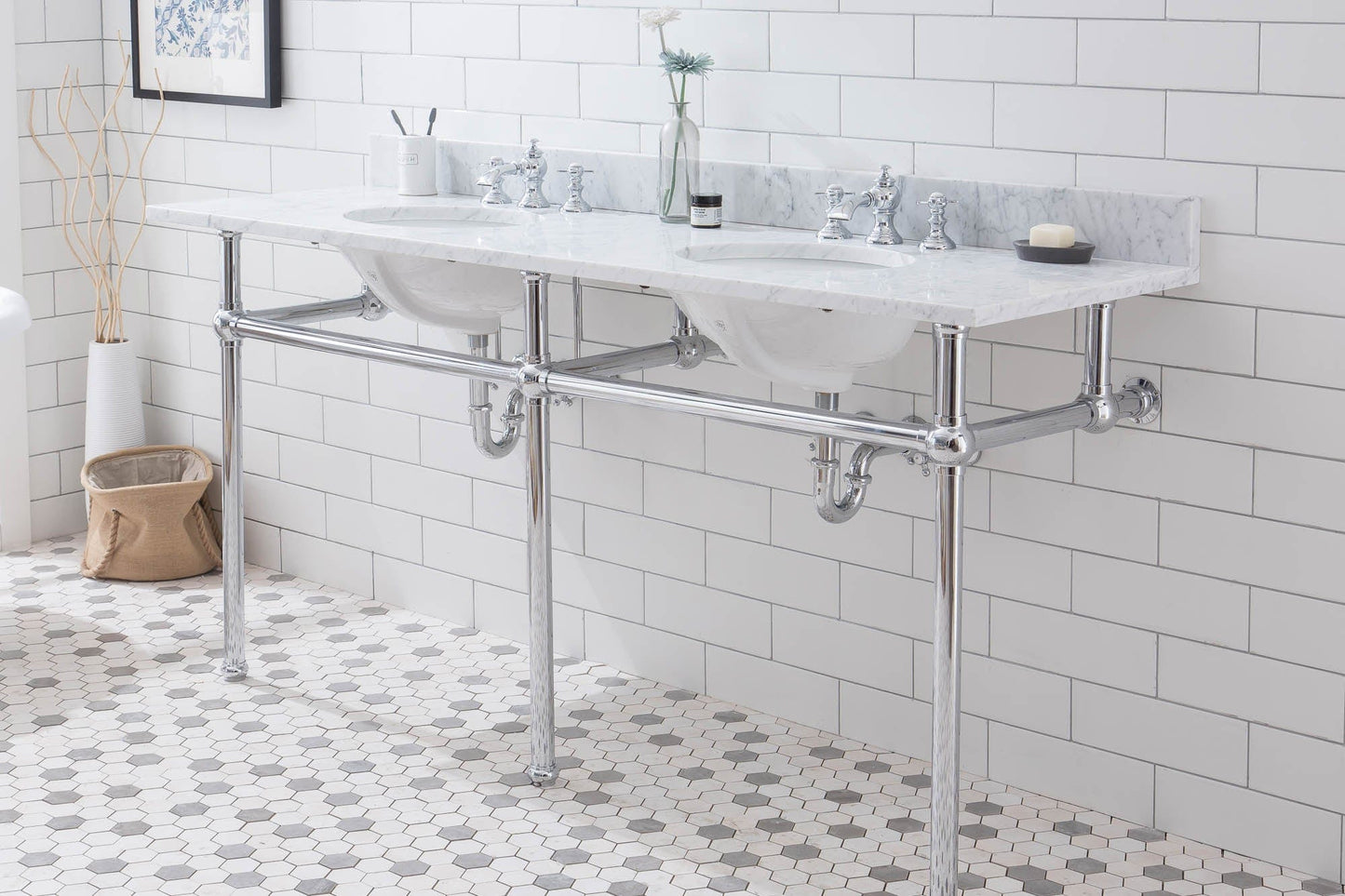 Water Creation EB72D-0113 EMBASSY 72"W x 34"H Double Washstand , P-Trap, Countertop with Sink, and F2-0013 Faucet included, in Chrome Finish