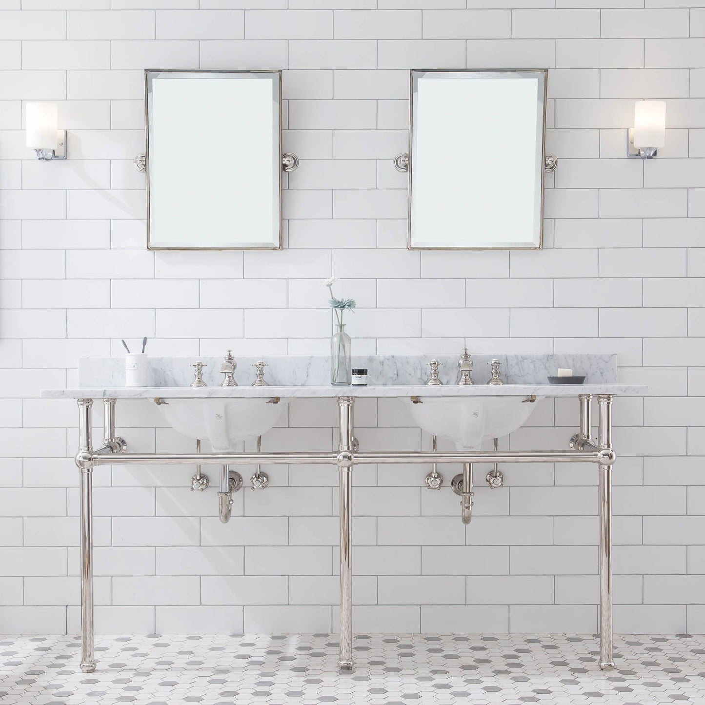 Water Creation EB72D-0513 EMBASSY 72"W x 34"H Double Washstand , P-Trap, Countertop with Sink, and F2-0013 Faucet included, in Polished Nickel Finish