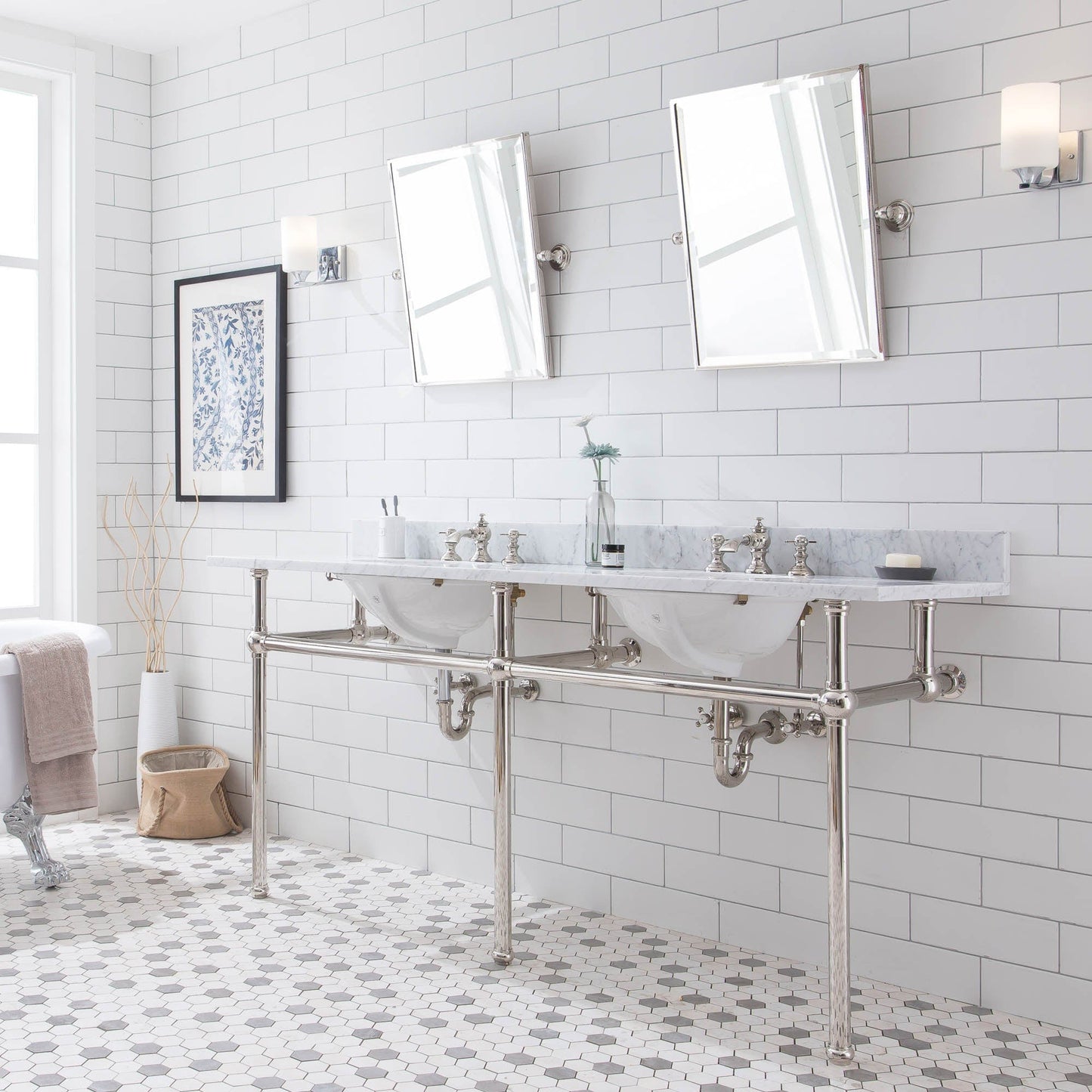 Water Creation EB72D-0513 EMBASSY 72"W x 34"H Double Washstand , P-Trap, Countertop with Sink, and F2-0013 Faucet included, in Polished Nickel Finish