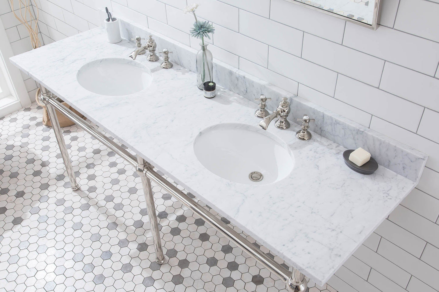 Water Creation EB72D-0513 EMBASSY 72"W x 34"H Double Washstand , P-Trap, Countertop with Sink, and F2-0013 Faucet included, in Polished Nickel Finish