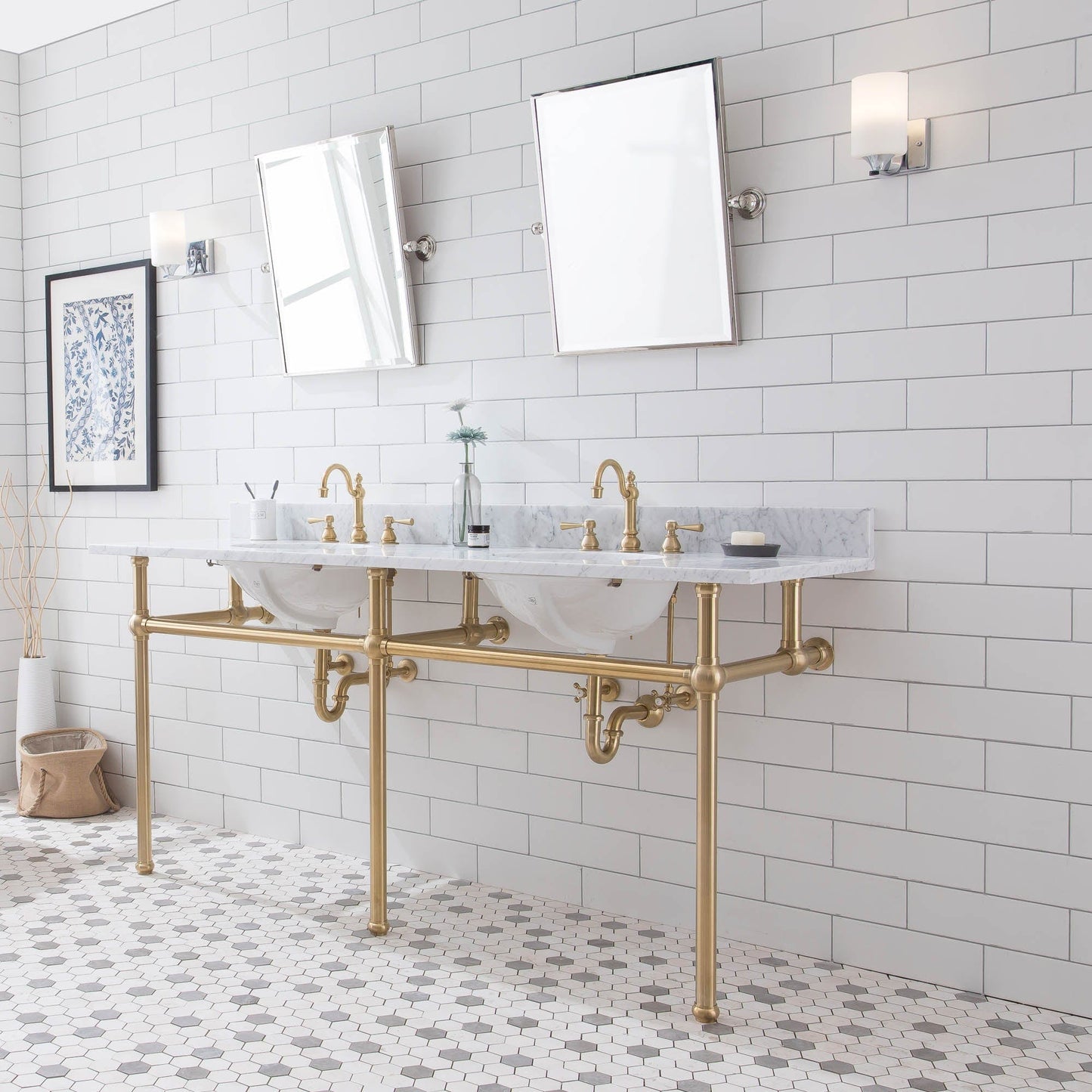 Water Creation EB72D-0612 EMBASSY 72"W x 34"H Double Washstand , P-Trap, Countertop with Sink, and F2-0012 Faucet included, in Satin Gold Finish