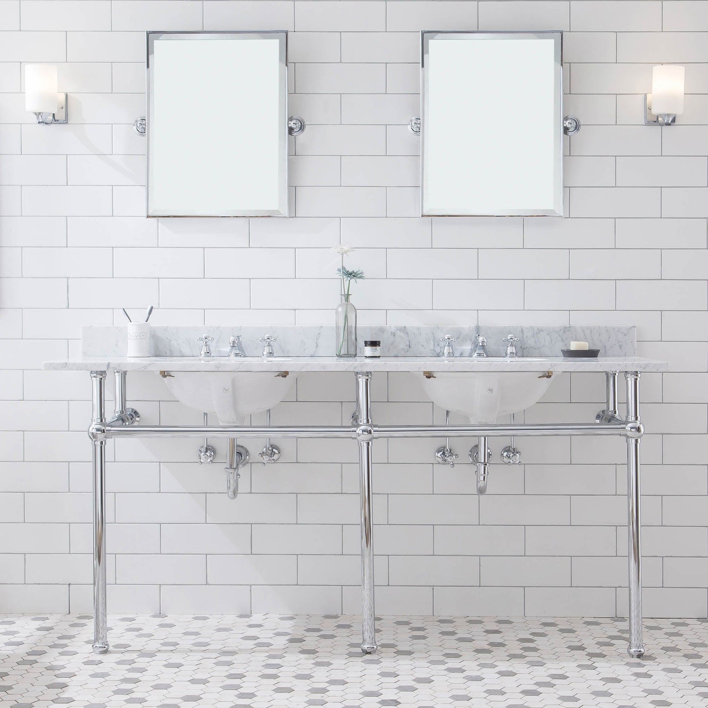 Water Creation EB72E-0109 EMBASSY 72"W x 34"H Double Washstand , P-Trap, Countertop with Sink, F2-0009 Faucet and Mirror included, in Chrome Finish