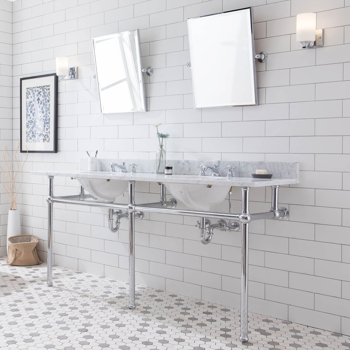 Water Creation EB72E-0109 EMBASSY 72"W x 34"H Double Washstand , P-Trap, Countertop with Sink, F2-0009 Faucet and Mirror included, in Chrome Finish