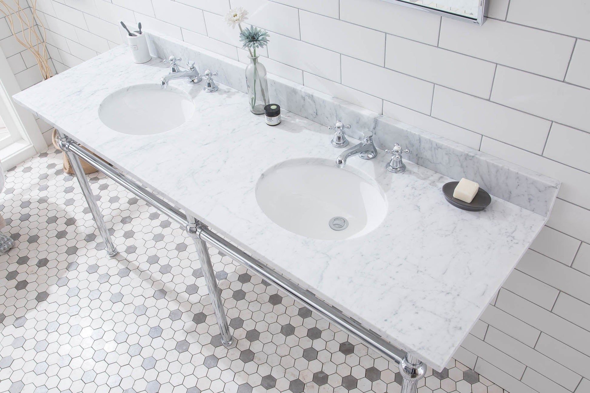 Water Creation EB72E-0109 EMBASSY 72"W x 34"H  Double Washstand , P-Trap, Countertop with Sink, F2-0009 Faucet and Mirror included, in Chrome Finish