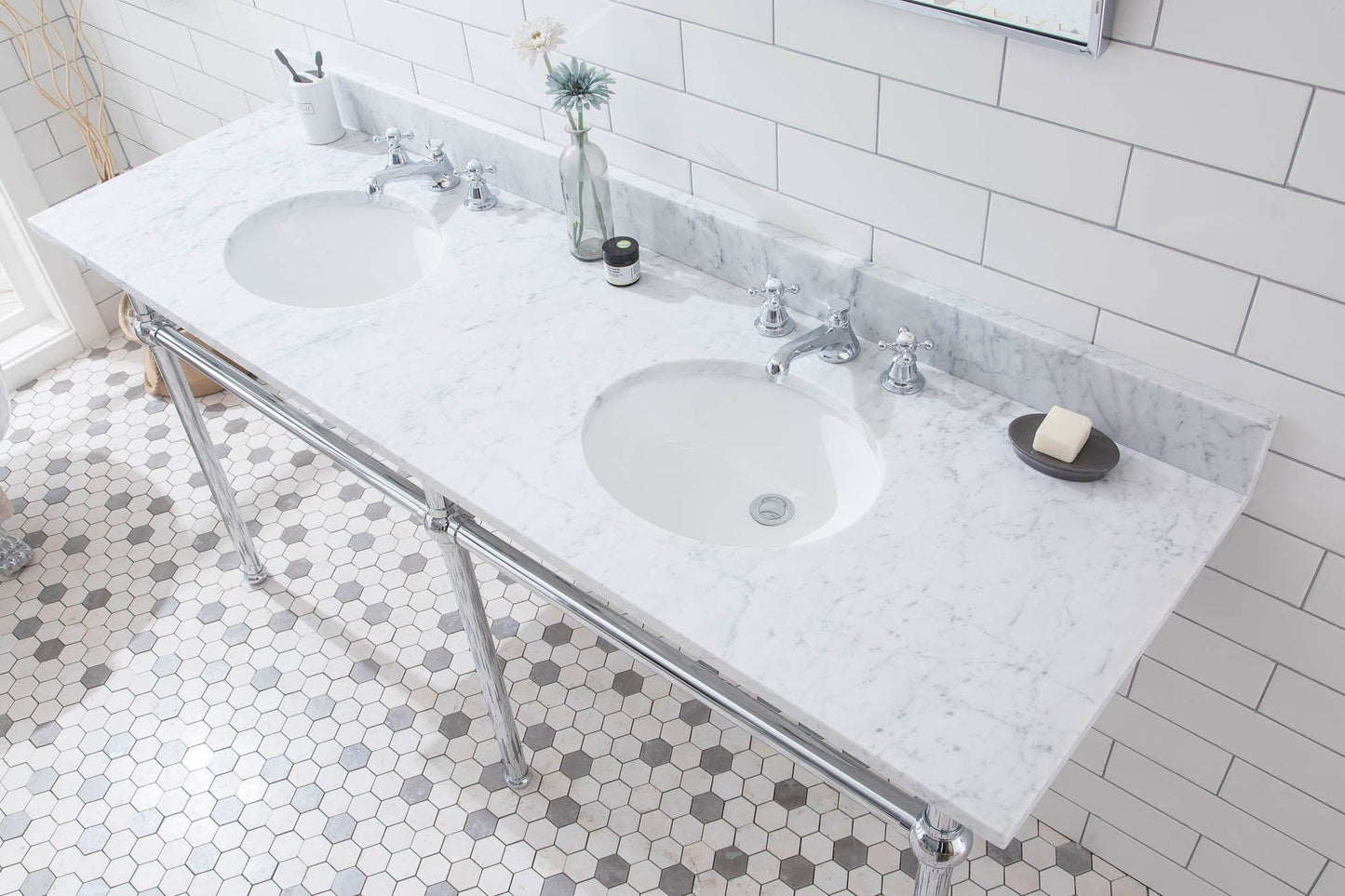Water Creation EB72E-0109 EMBASSY 72"W x 34"H Double Washstand , P-Trap, Countertop with Sink, F2-0009 Faucet and Mirror included, in Chrome Finish