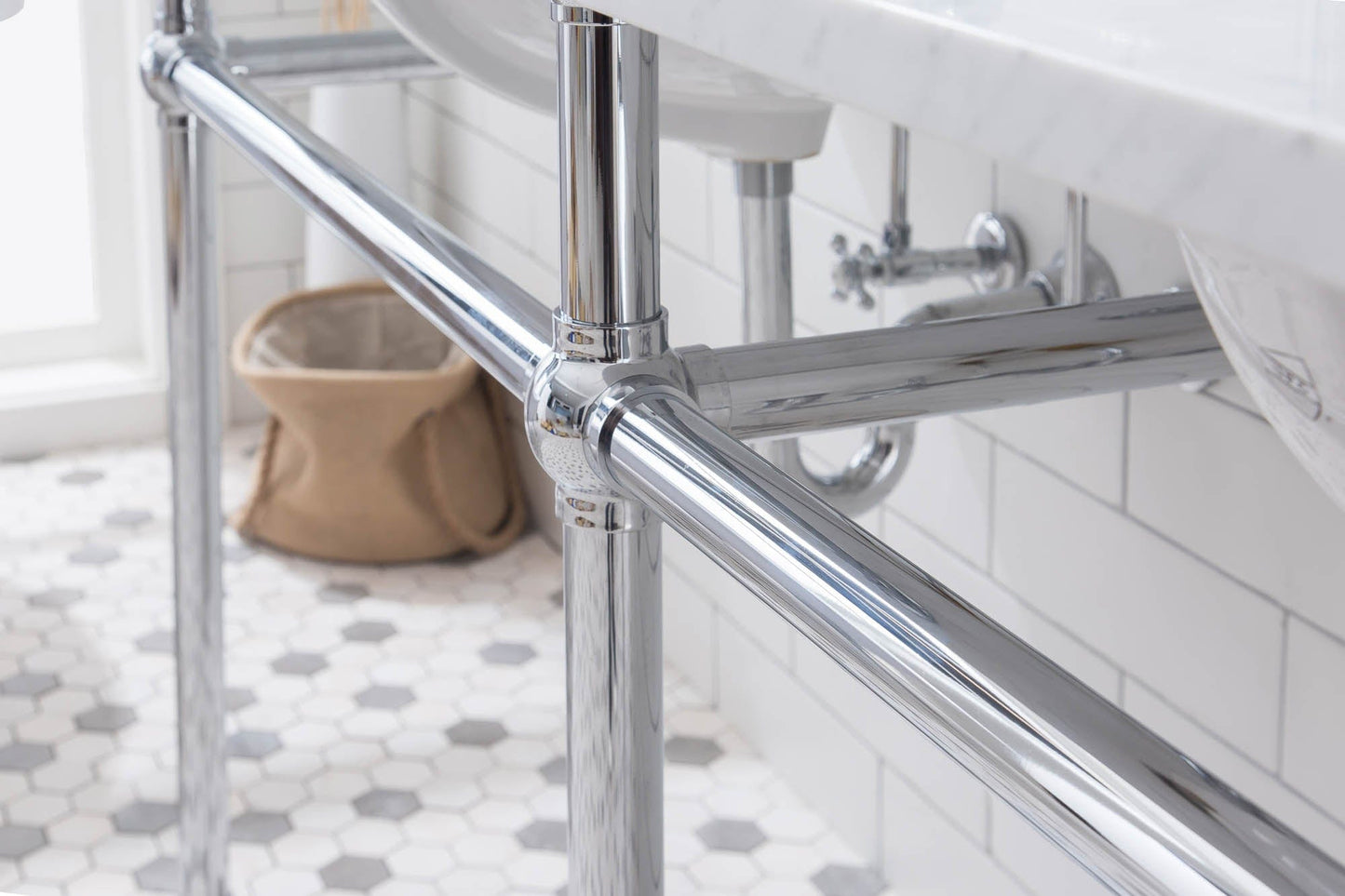 Water Creation EB72E-0109 EMBASSY 72"W x 34"H Double Washstand , P-Trap, Countertop with Sink, F2-0009 Faucet and Mirror included, in Chrome Finish