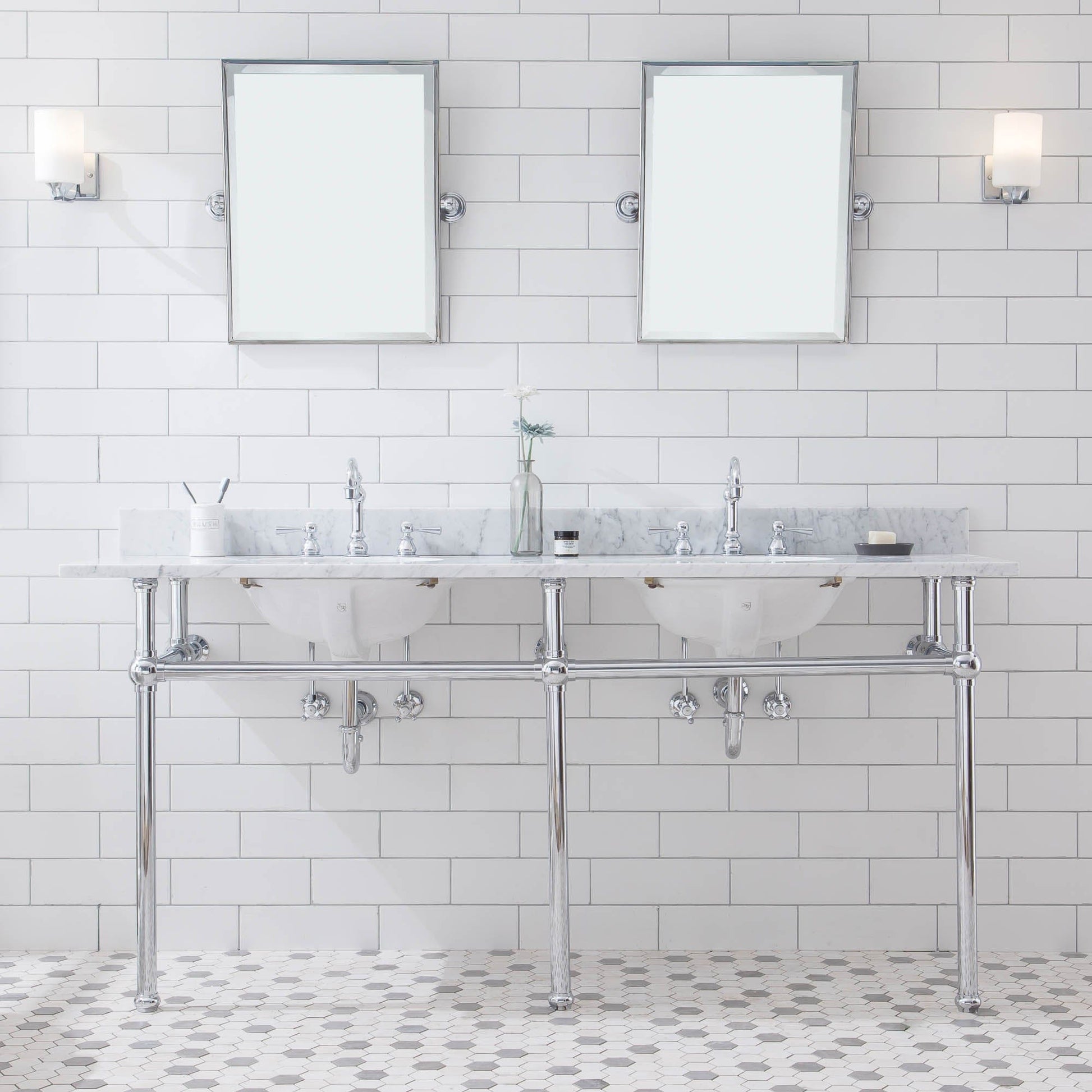 Water Creation EB72E-0112 EMBASSY 72"W x 34"H  Double Washstand , P-Trap, Countertop with Sink, F2-0012 Faucet and Mirror included, in Chrome Finish