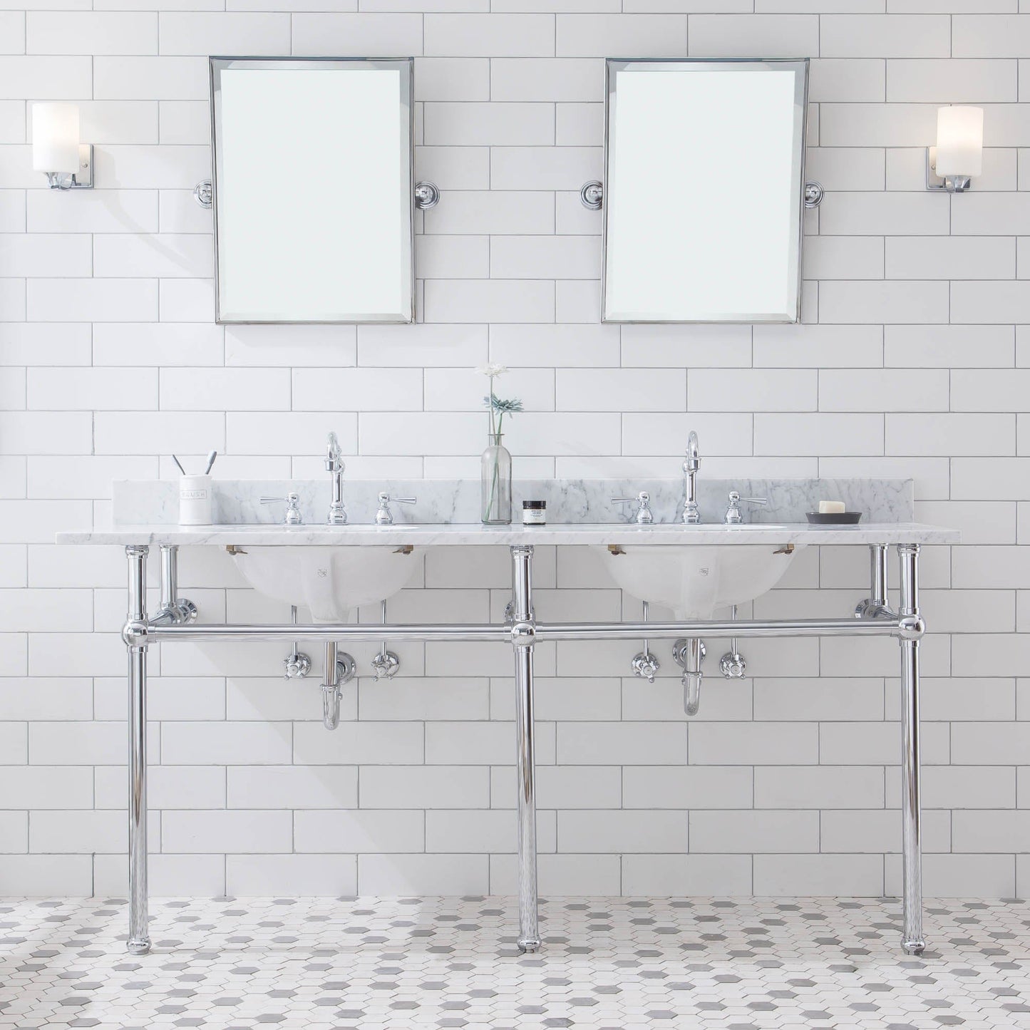 Water Creation EB72E-0112 EMBASSY 72"W x 34"H Double Washstand , P-Trap, Countertop with Sink, F2-0012 Faucet and Mirror included, in Chrome Finish