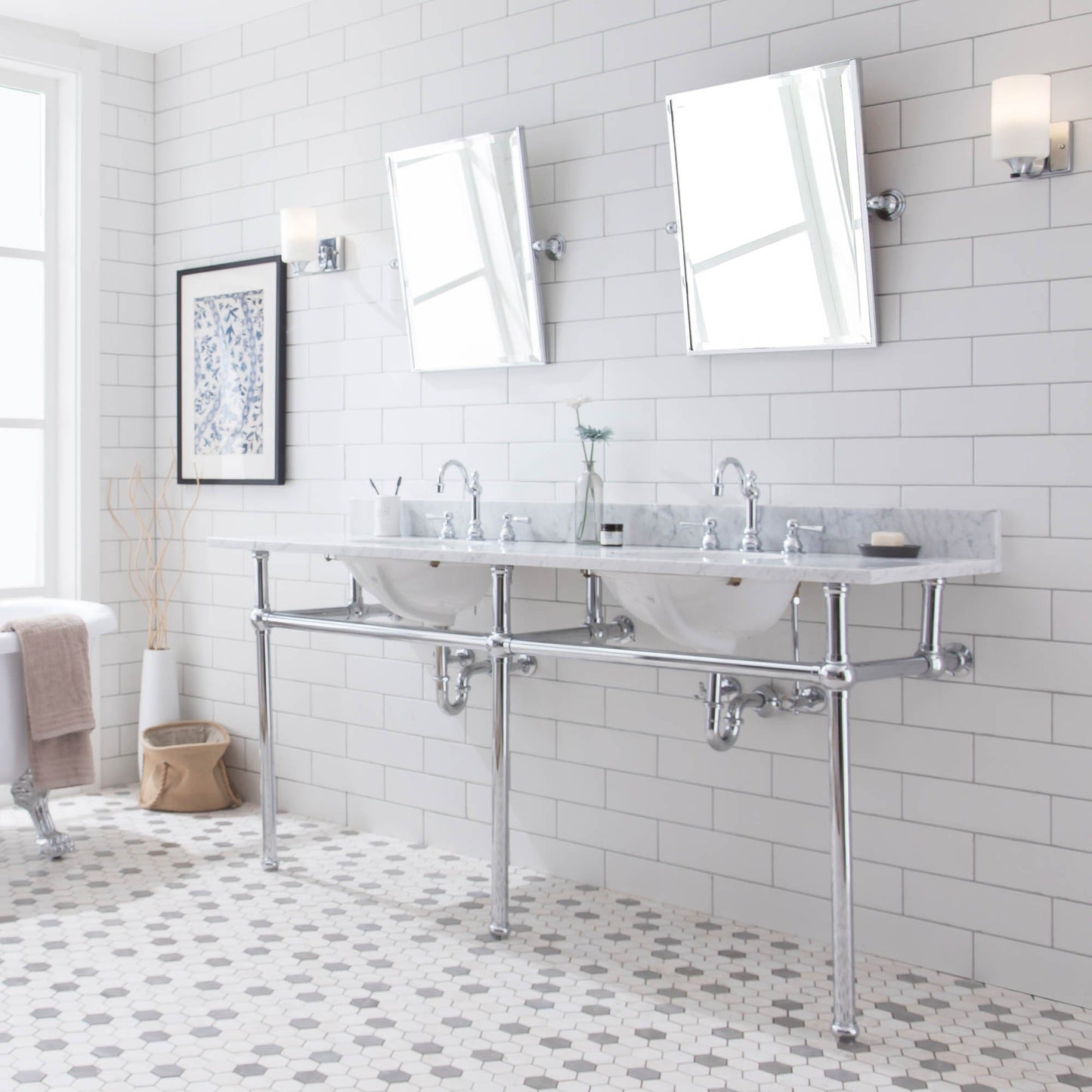 Water Creation EB72E-0112 EMBASSY 72"W x 34"H Double Washstand , P-Trap, Countertop with Sink, F2-0012 Faucet and Mirror included, in Chrome Finish