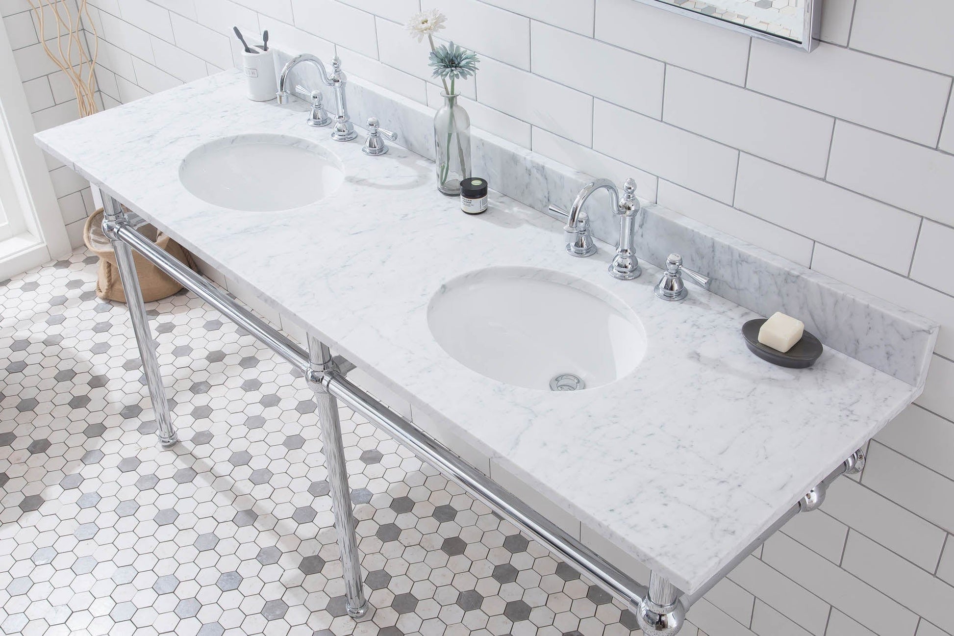 Water Creation EB72E-0112 EMBASSY 72"W x 34"H  Double Washstand , P-Trap, Countertop with Sink, F2-0012 Faucet and Mirror included, in Chrome Finish