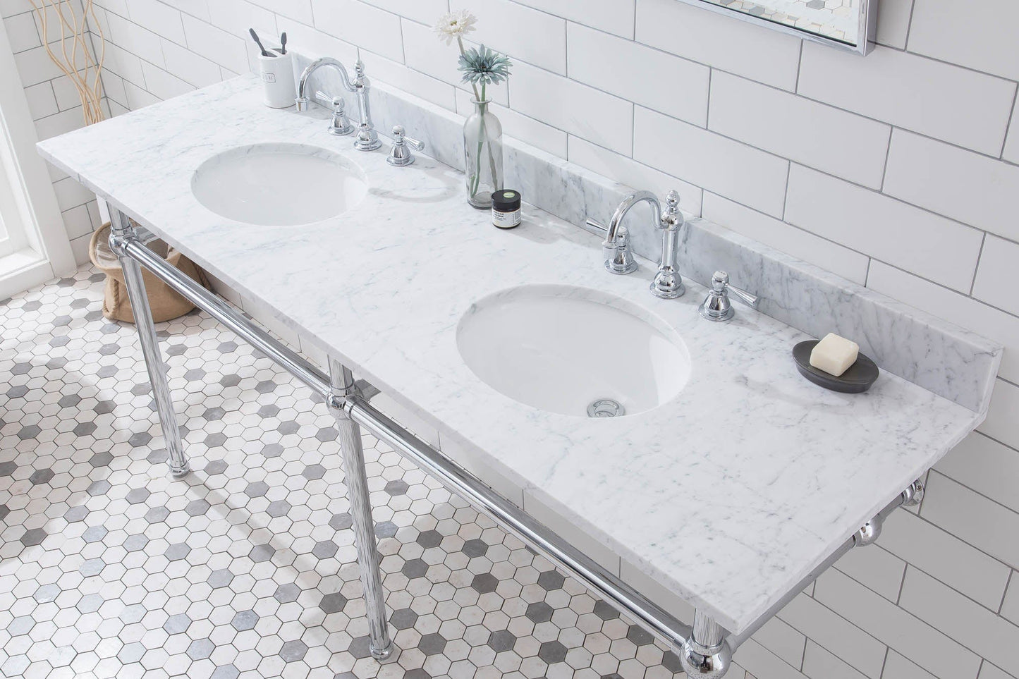 Water Creation EB72E-0112 EMBASSY 72"W x 34"H Double Washstand , P-Trap, Countertop with Sink, F2-0012 Faucet and Mirror included, in Chrome Finish