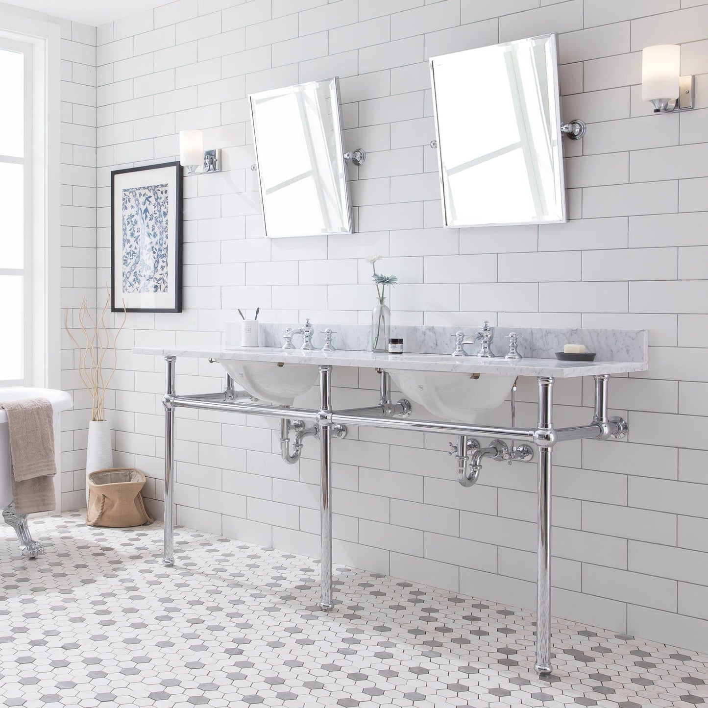 Water Creation EB72E-0113 EMBASSY 72"W x 34"H Double Washstand , P-Trap, Countertop with Sink, F2-0013 Faucet and Mirror included, in Chrome Finish