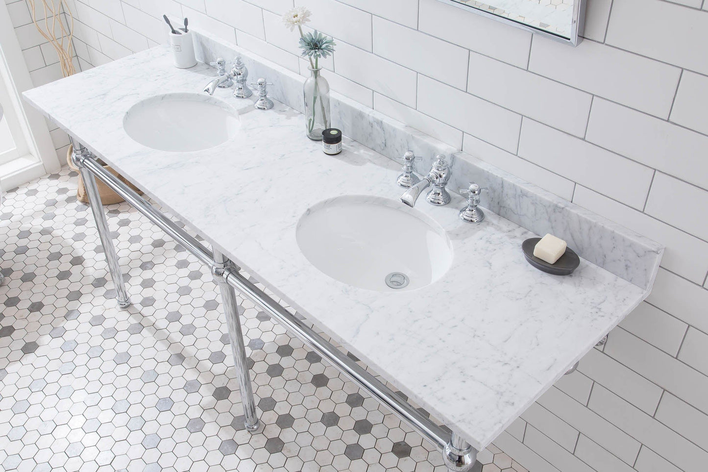 Water Creation EB72E-0113 EMBASSY 72"W x 34"H Double Washstand , P-Trap, Countertop with Sink, F2-0013 Faucet and Mirror included, in Chrome Finish