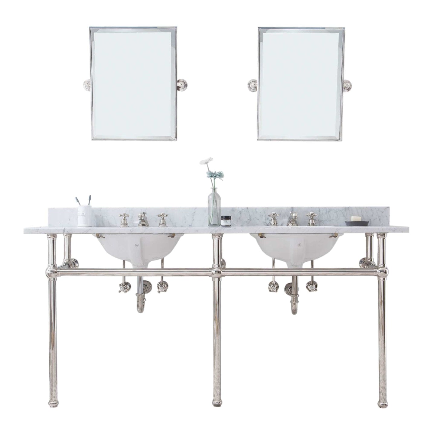 Water Creation EB72E-0509 EMBASSY 72"W x 34"H Double Washstand , P-Trap, Countertop with Sink, F2-0009 Faucet and Mirror included, in Polished Nickel Finish
