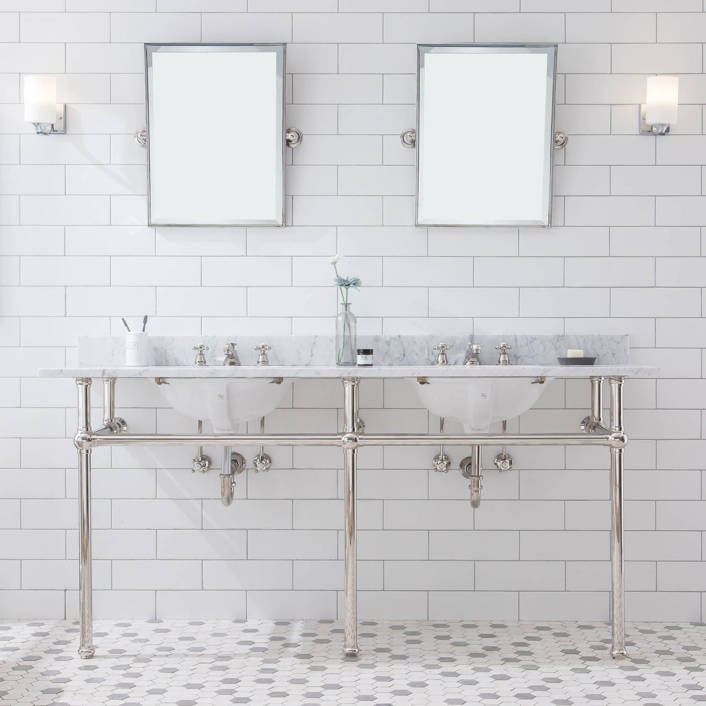 Water Creation EB72E-0509 EMBASSY 72"W x 34"H Double Washstand , P-Trap, Countertop with Sink, F2-0009 Faucet and Mirror included, in Polished Nickel Finish