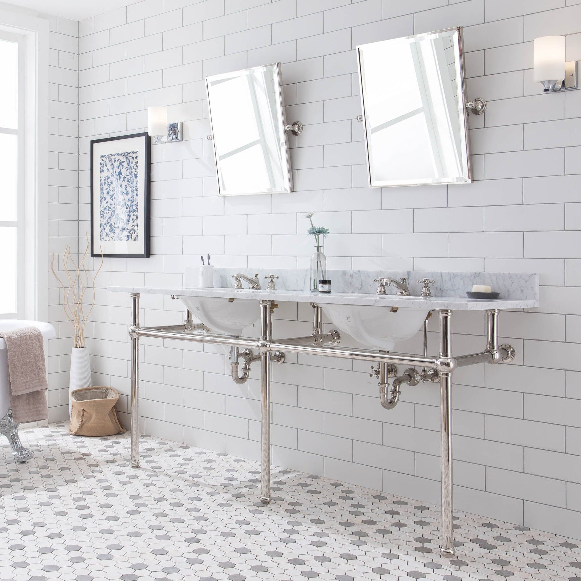 Water Creation EB72E-0509 EMBASSY 72"W x 34"H  Double Washstand , P-Trap, Countertop with Sink, F2-0009 Faucet and Mirror included, in Polished Nickel Finish