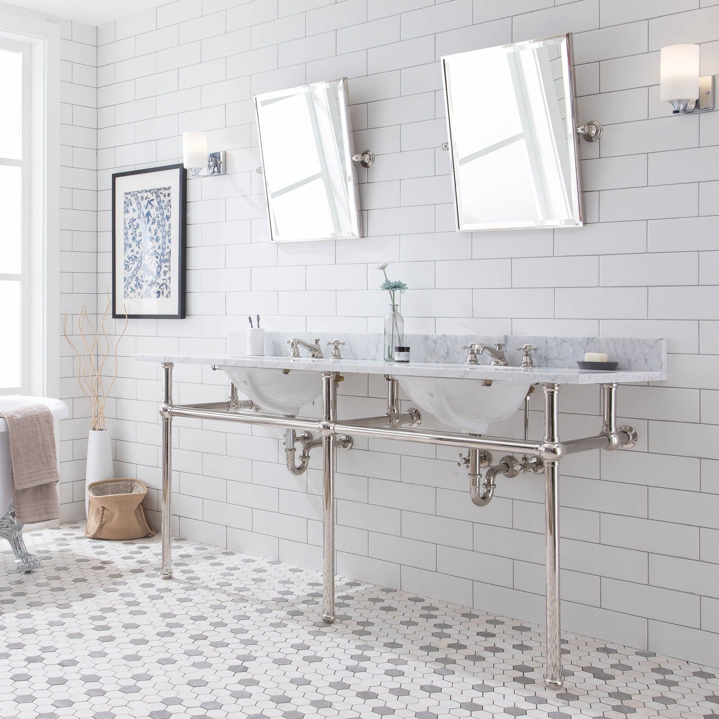 Water Creation EB72E-0509 EMBASSY 72"W x 34"H Double Washstand , P-Trap, Countertop with Sink, F2-0009 Faucet and Mirror included, in Polished Nickel Finish