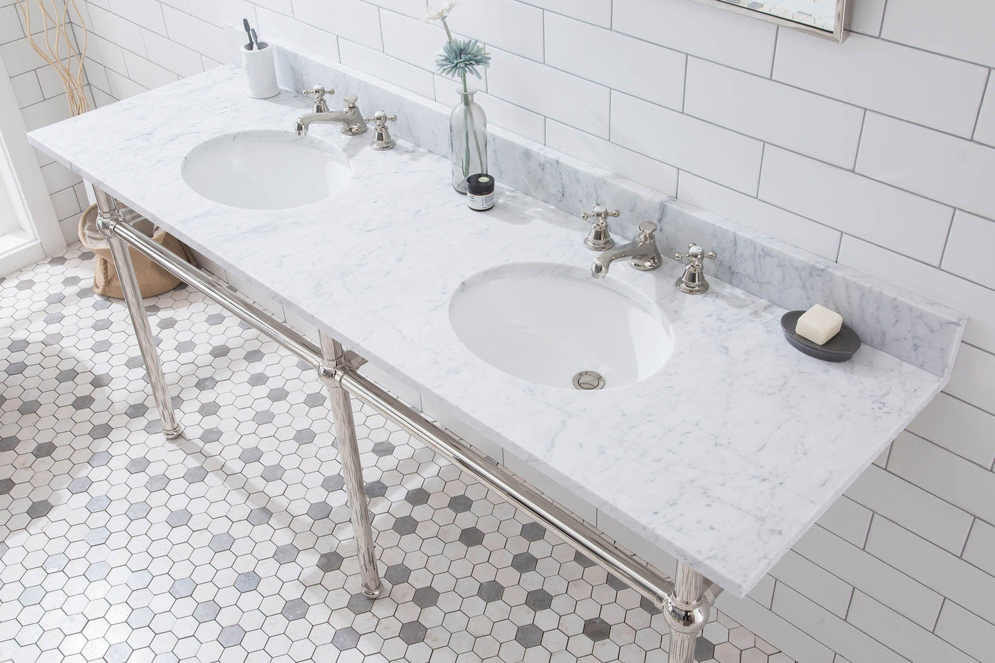 Water Creation EB72E-0509 EMBASSY 72"W x 34"H Double Washstand , P-Trap, Countertop with Sink, F2-0009 Faucet and Mirror included, in Polished Nickel Finish
