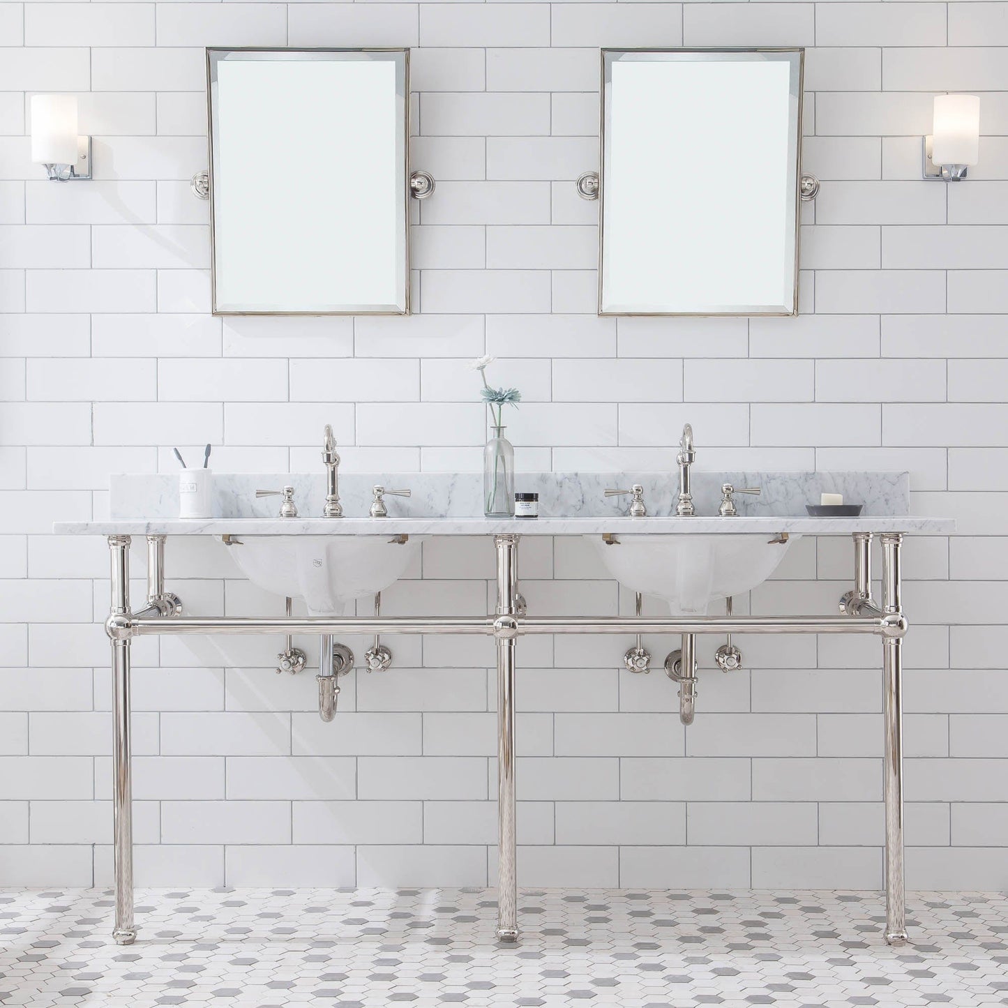 Water Creation EB72E-0512 EMBASSY 72"W x 34"H Double Washstand , P-Trap, Countertop with Sink, F2-0012 Faucet and Mirror included, in Polished Nickel Finish