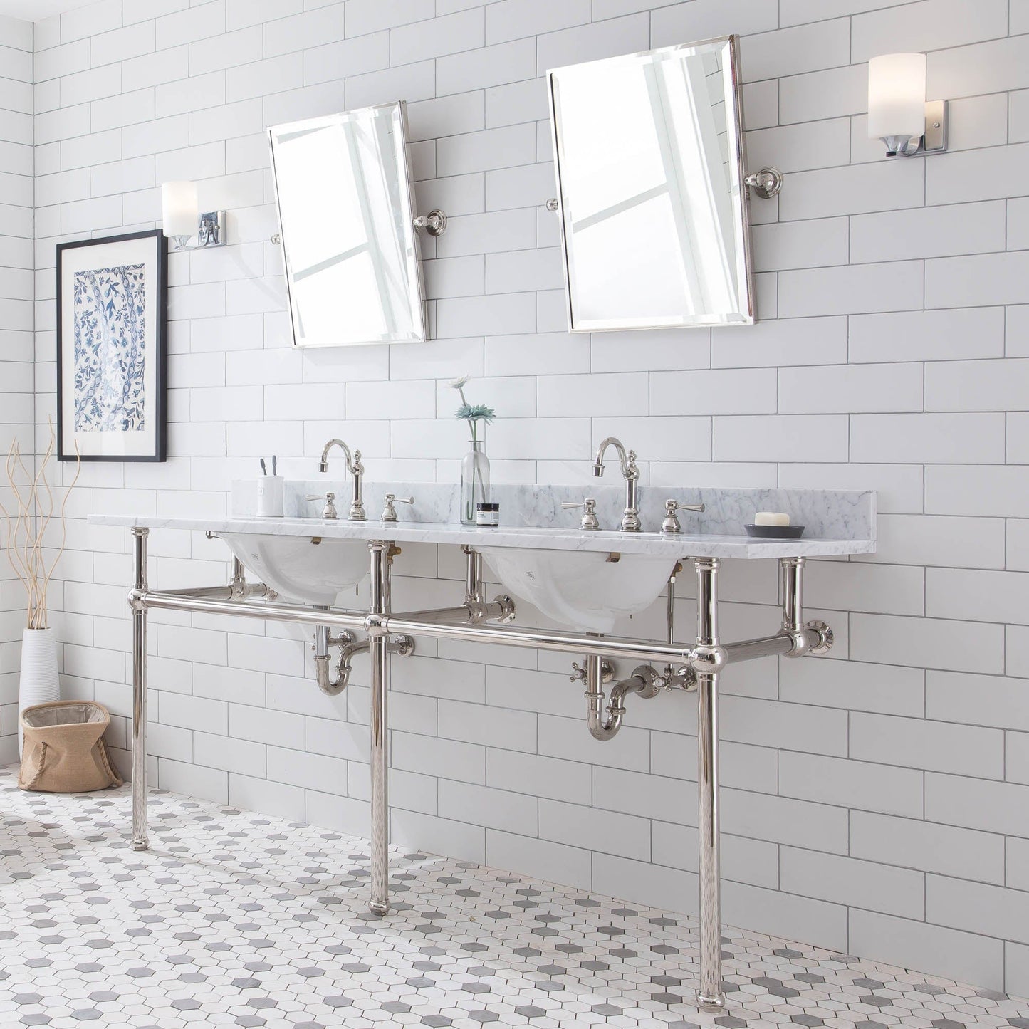 Water Creation EB72E-0512 EMBASSY 72"W x 34"H Double Washstand , P-Trap, Countertop with Sink, F2-0012 Faucet and Mirror included, in Polished Nickel Finish