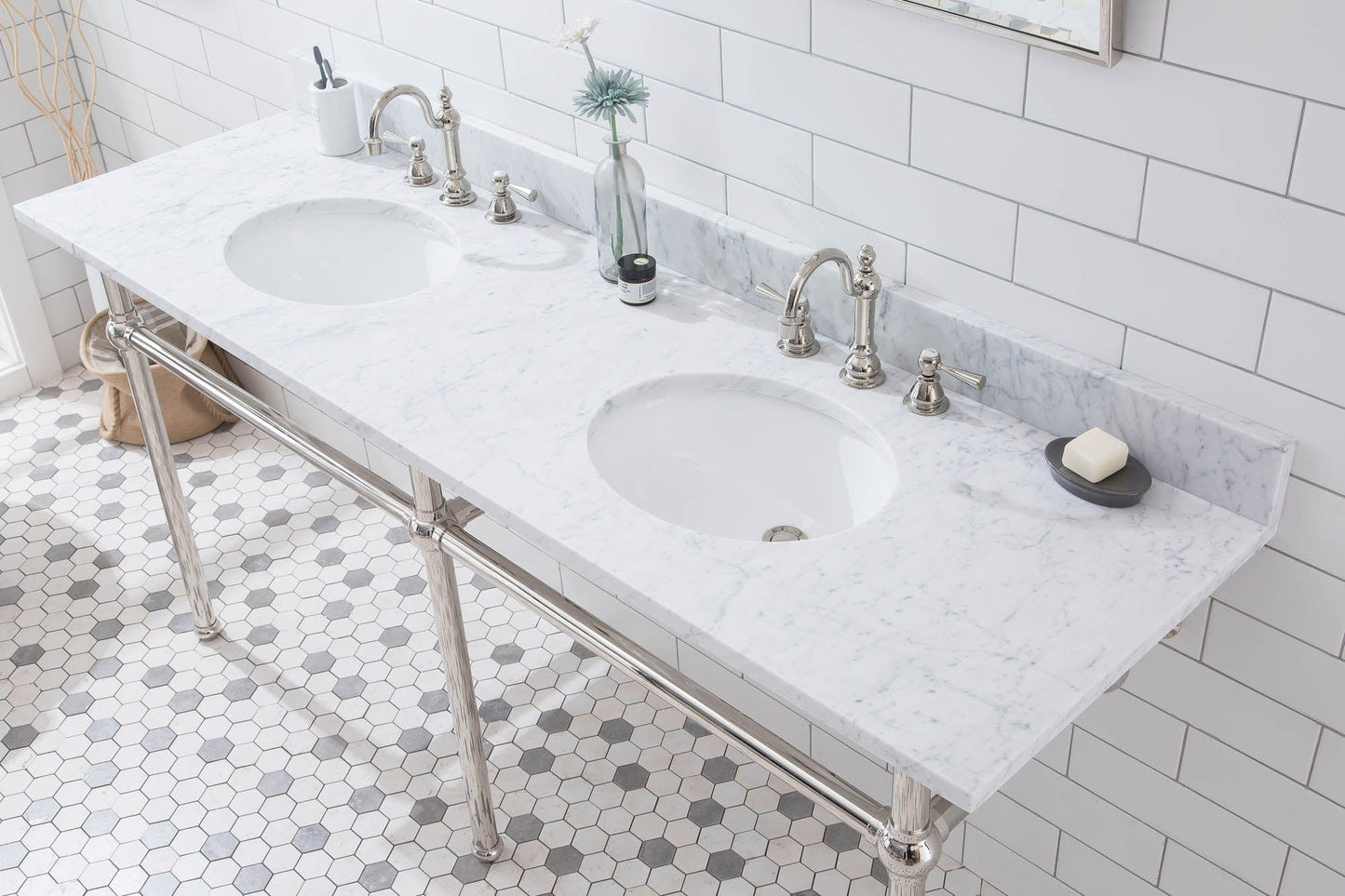 Water Creation EB72E-0512 EMBASSY 72"W x 34"H Double Washstand , P-Trap, Countertop with Sink, F2-0012 Faucet and Mirror included, in Polished Nickel Finish