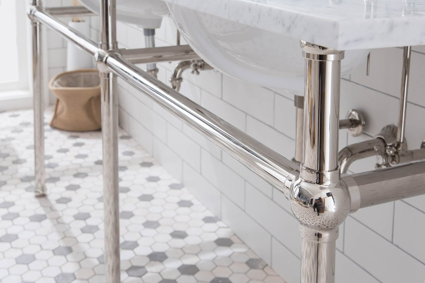 Water Creation EB72E-0512 EMBASSY 72"W x 34"H Double Washstand , P-Trap, Countertop with Sink, F2-0012 Faucet and Mirror included, in Polished Nickel Finish