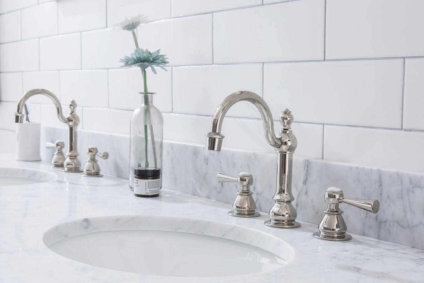 Water Creation EB72E-0512 EMBASSY 72"W x 34"H Double Washstand , P-Trap, Countertop with Sink, F2-0012 Faucet and Mirror included, in Polished Nickel Finish