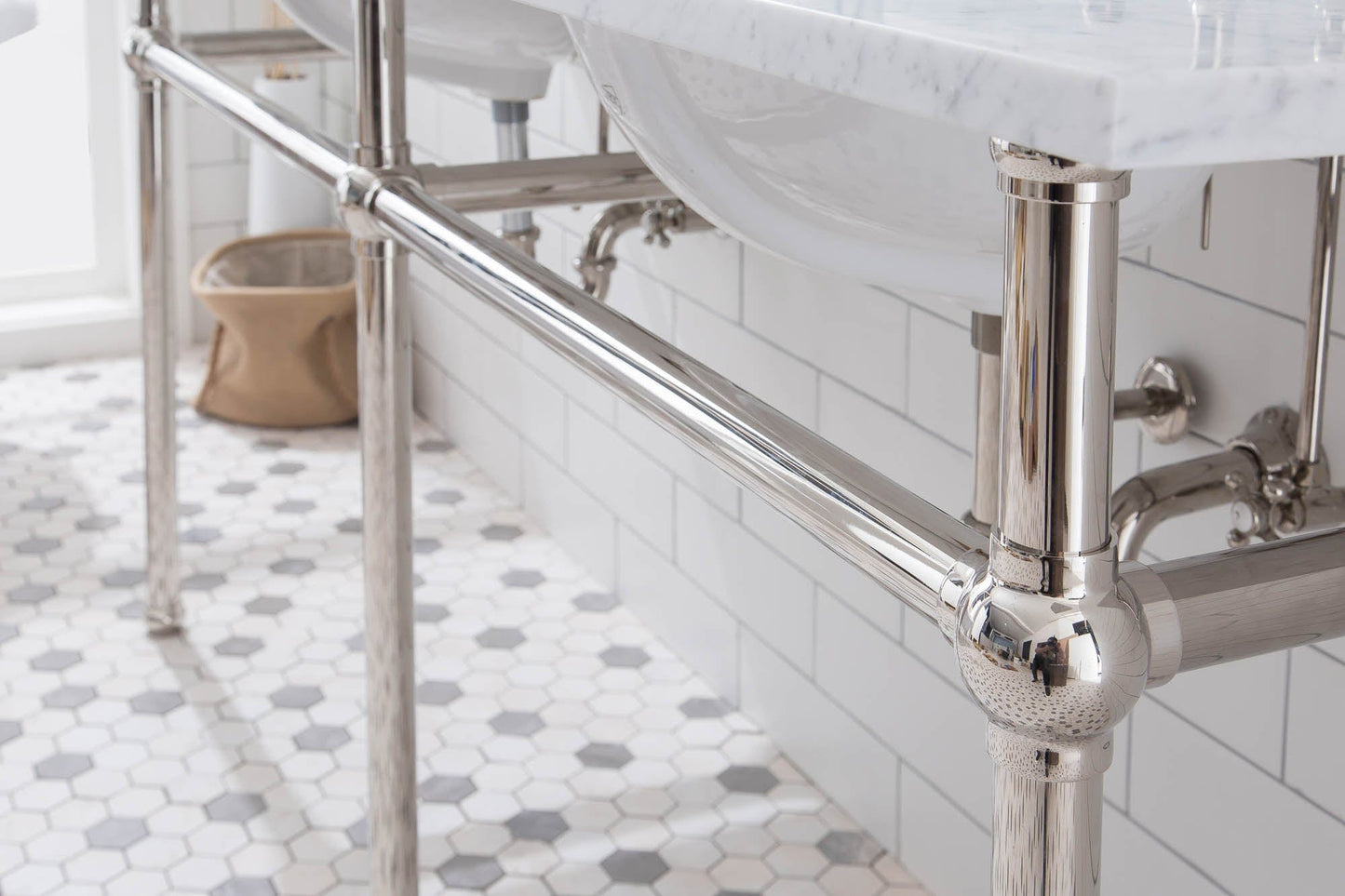 Water Creation EB72E-0513 EMBASSY 72"W x 34"H Double Washstand , P-Trap, Countertop with Sink, F2-0013 Faucet and Mirror included, in Polished Nickel Finish