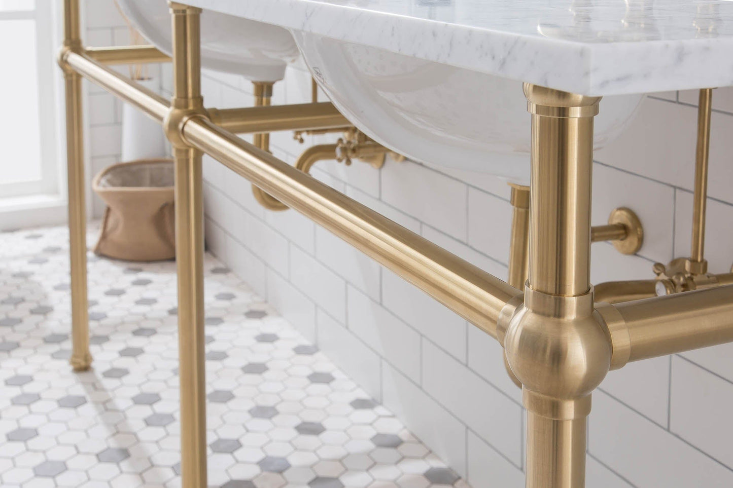 Water Creation EB72E-0612 EMBASSY 72"W x 34"H Double Washstand , P-Trap, Countertop with Sink, F2-0012 Faucet and Mirror included, in Satin Gold Finish