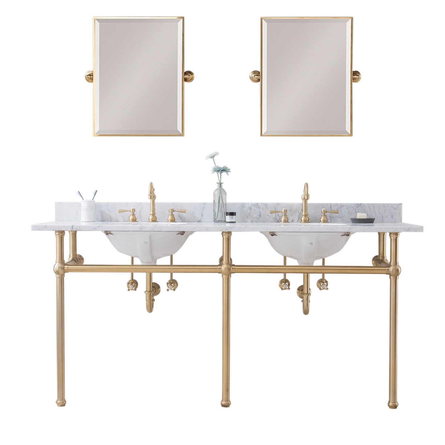 Water Creation EB72E-0613 EMBASSY 72"W x 34"H Double Washstand , P-Trap, Countertop with Sink, F2-0013 Faucet and Mirror included, in Satin Gold Finish