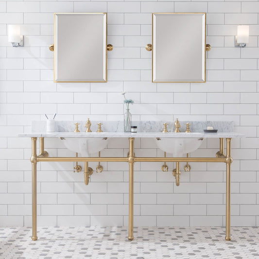Water Creation EB72E-0613 EMBASSY 72"W x 34"H Double Washstand , P-Trap, Countertop with Sink, F2-0013 Faucet and Mirror included, in Satin Gold Finish