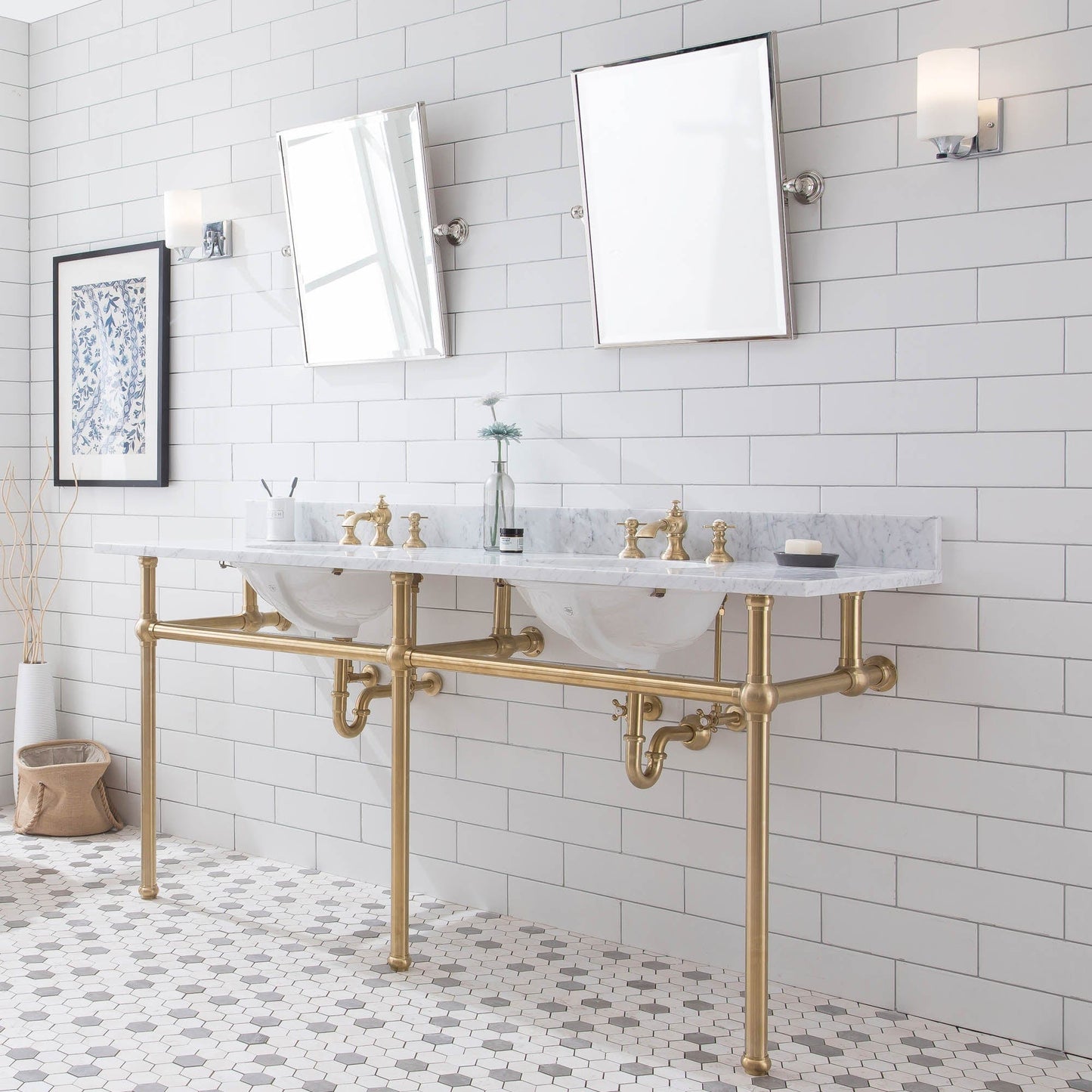 Water Creation EB72E-0613 EMBASSY 72"W x 34"H Double Washstand , P-Trap, Countertop with Sink, F2-0013 Faucet and Mirror included, in Satin Gold Finish