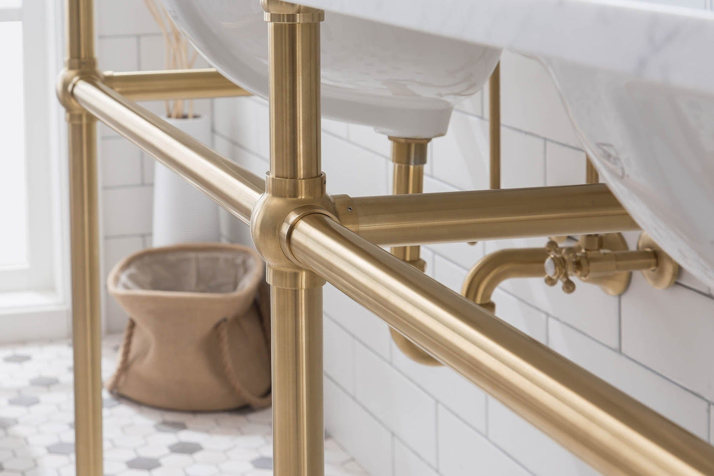 Water Creation EB72E-0613 EMBASSY 72"W x 34"H Double Washstand , P-Trap, Countertop with Sink, F2-0013 Faucet and Mirror included, in Satin Gold Finish