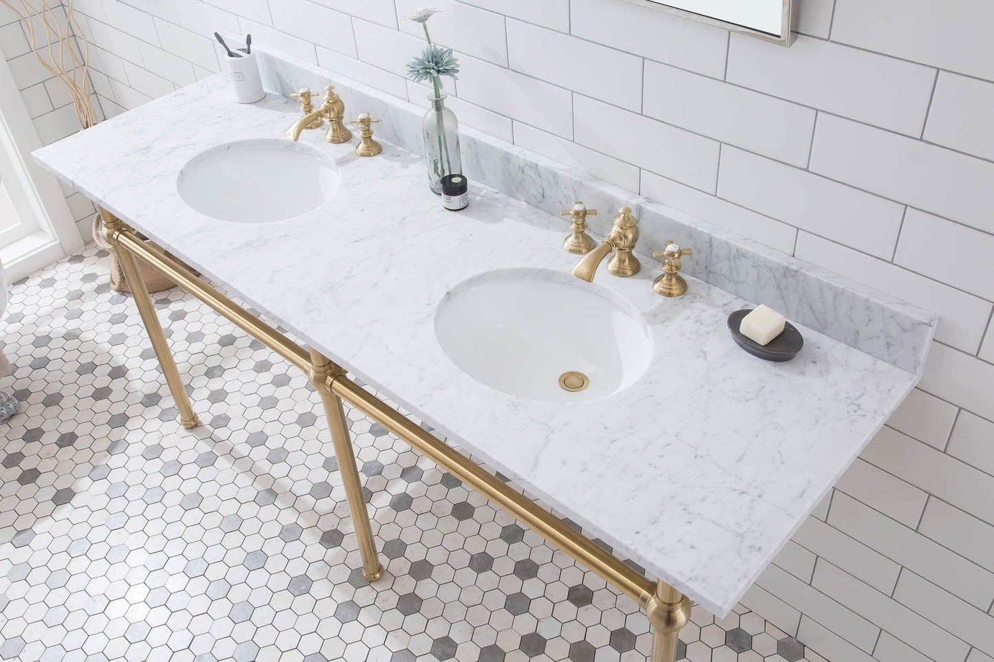 Water Creation EB72E-0613 EMBASSY 72"W x 34"H Double Washstand , P-Trap, Countertop with Sink, F2-0013 Faucet and Mirror included, in Satin Gold Finish