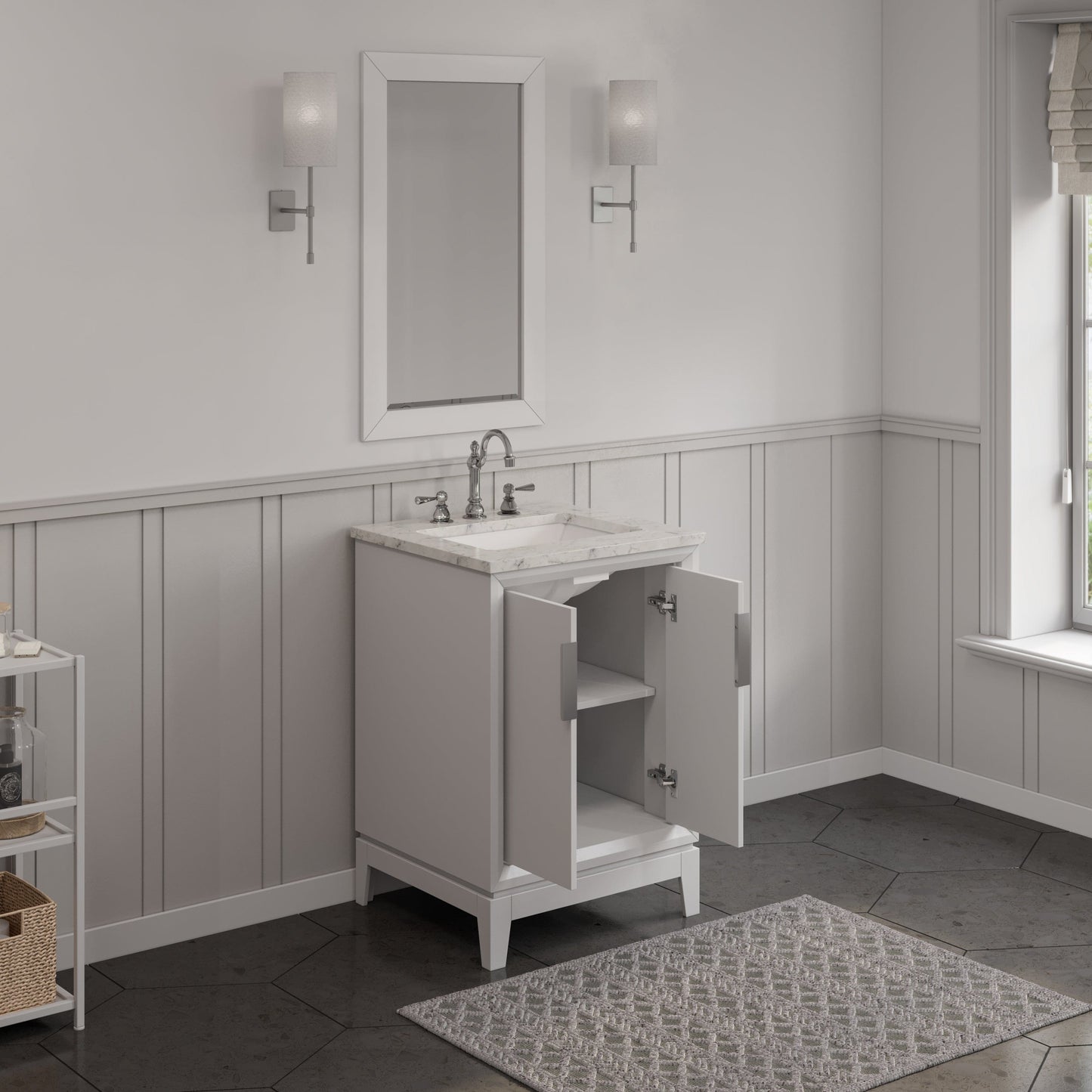 Water Creation EL24CW01PW-R21000000 ELIZABETH 24"W x 34.25"H Pure White Single-Sink Vanity with Carrara White Marble Countertop + Mirror